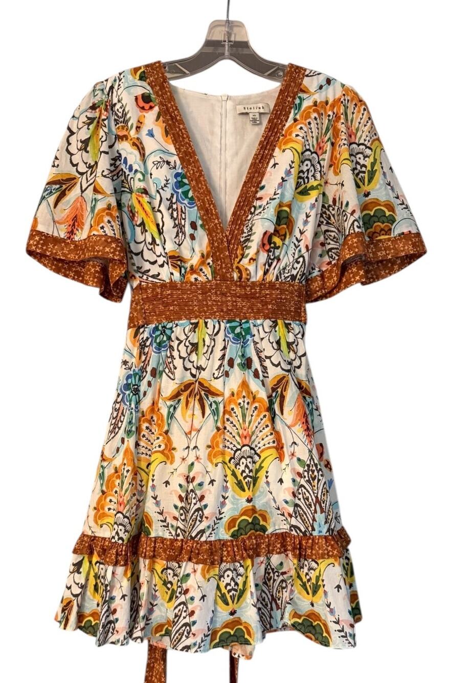 Stellah Paisley Tie Waist Flutter Sleeve Mini Dress Boho Festival XS